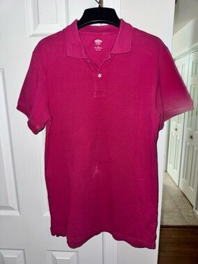Old Navy Men's Medium Tall Dark Pink Polo Shirt 100% Cotton Short Sleeve Stained